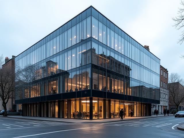 Edificio de oficinas moderno en Londres con fachada de cristal